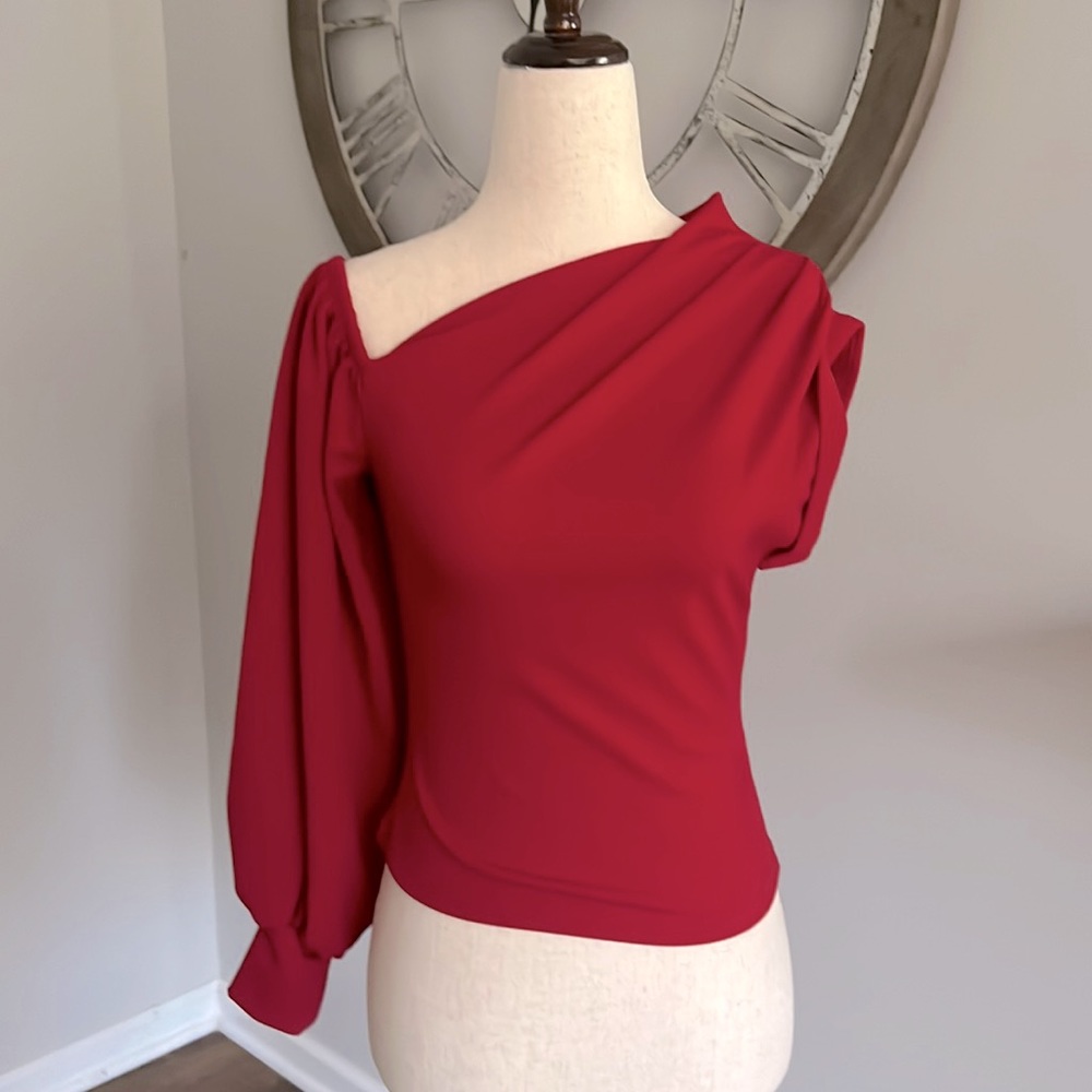 Beautiful color RED one sleeve off shoulder blouse: Size 0/2 with classic cuff.